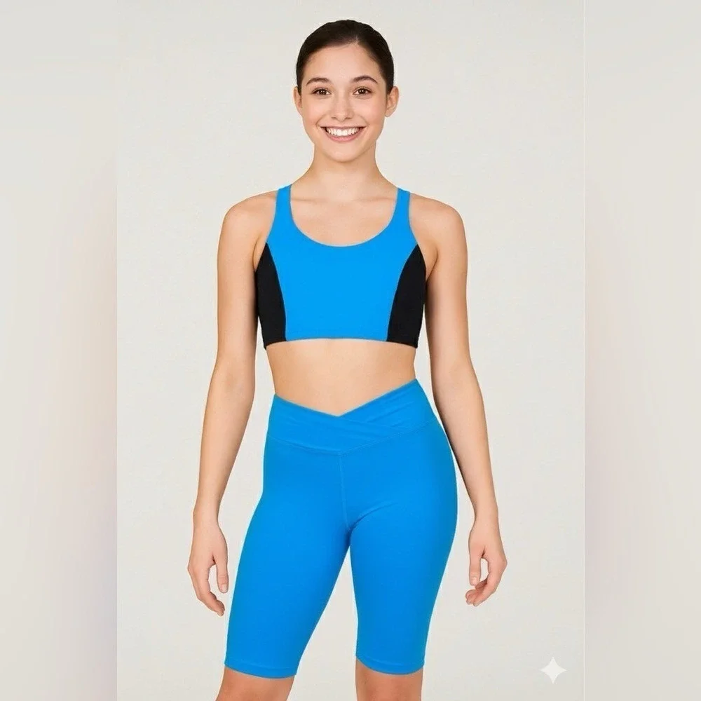 AXS Theatricals blue black 2‎ piece dance set bike shorts crop top tank adult XS